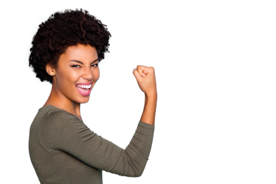 I am champion! Turned photo of crazy delighted mulatto girl raise her fists scream yeah celebrate victory in lottery feel wear casual outfit isolated over blue color background
