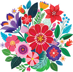 Vibrant and colorful floral bouquet illustration featuring a diverse array of flowers and lush greenery