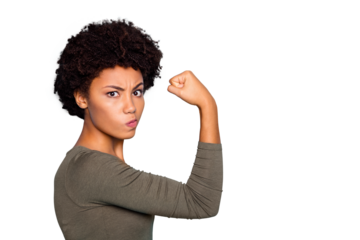 Photo of black millennial girl showing you her biceps thinking on result boasting about her strength isolated over vivid color background