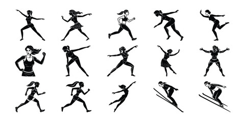 Naklejka premium Fifteen Silhouette vectors bundle of Women in Various Positions Actions.