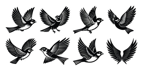 Birds Silhouettes vector Set of Flying Sparrows.