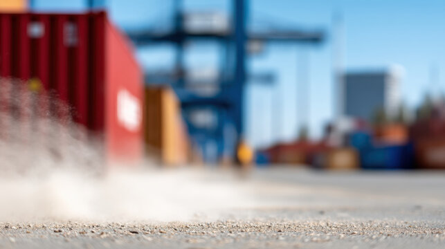 Close up view of construction site with blurred shipping containers and equipment in background, showing dust and activity in busy logistics area under clear blue sky