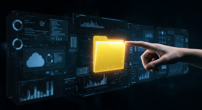 A hand touching a digital yellow folder on a futuristic interface with charts and cloud icon displayed