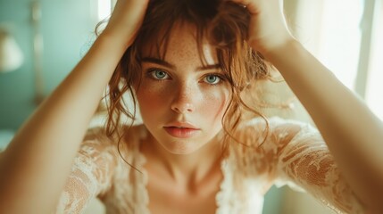 A captivating portrait of a young woman with freckles and curly hair, showcasing her natural beauty and expressive eyes in a warm, softly lit environment.