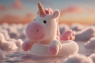 Playful Unicorn. A cute plush unicorn floatie resting among fluffy clouds.