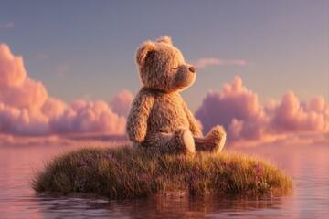 Calm Teddy Bear. A fluffy teddy bear meditating on a small island surrounded by water.