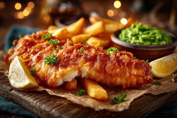 Delicious Fish and Chips. Crispy battered fish served with fries and peas.