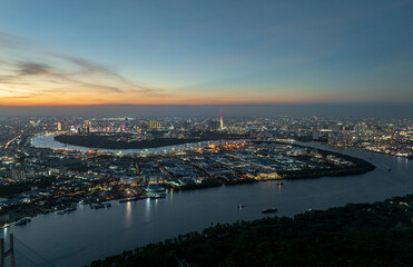 Stunning view of Phu My bridge connecting districts across Saigon River at twilight in Ho Chi Minh City, Vietnam