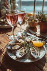 Gourmet Dining Experience. Fresh oysters served with wine in a cozy setting.