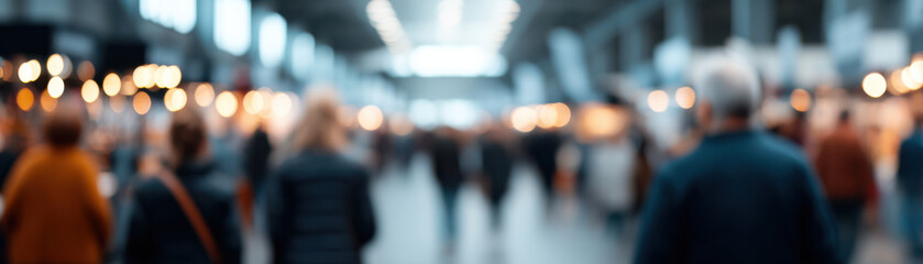 Busy indoor market or shopping mall with people walking and browsing, illuminated by bright lights and modern ceiling design, creating lively and vibrant atmosphere
