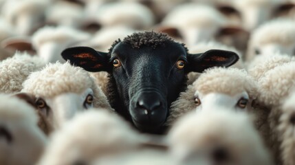 A striking black sheep stands out among white sheep, showcasing individuality and uniqueness in a typical farm setting, highlighting differences in color and identity.