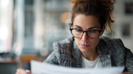 A focused woman in glasses deeply engaged in reading documentation while seated in a modern cafe, highlighting concentration and the pursuit of knowledge in a professional setting.