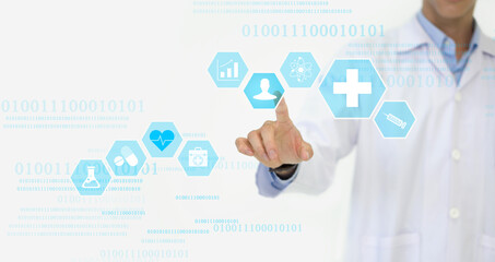 A doctor in a white lab coat pointing finger toward with his hand showing symbol of medicine innovation, treatment, discovery and healthcare analysis.