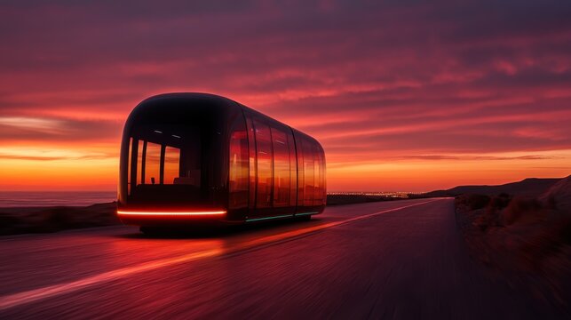An avant-garde autonomous vehicle glides along a coastal road during sunset, illustrating a fusion of technology and nature, offering a glimpse into the future of travel. - Powered by Adobe