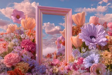 Floral Fantasy. Mirror surrounded by vibrant flowers under a dreamy sky.