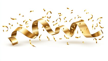 Fototapeta premium Gold ribbon with confetti on white background. A swirling gold ribbon is central with scattered gold confetti all around, creating a festive, celebratory design