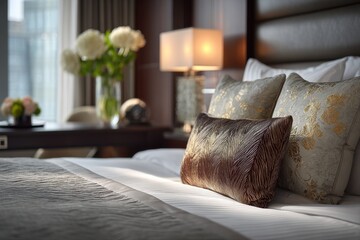 Luxurious hotel room with elegant decor and soft lighting