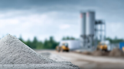 Pile of gray concrete mix with construction site background cloudy sky, showing industrial environment and building materials, creating sense of ongoing development and construction activity