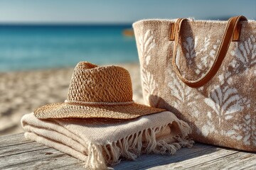 Beach Essentials: Hat and Tote Bag on Seaside