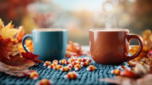 Two steaming cups of coffee nestled among autumn leaves and candy, radiating comfort and warmth, portraying the cozy essence of fall and seasonal gatherings.