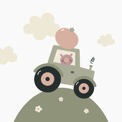 Farm landscape with tractor and cute pig. Kids print. Vector illustration in flat cartoon style. 