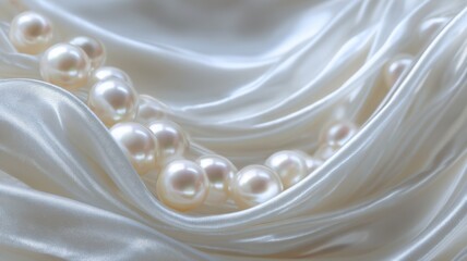 Elegant Pearls on Satin Fabric. Luxurious pearls resting on soft satin material, creating a sense of elegance and sophistication.