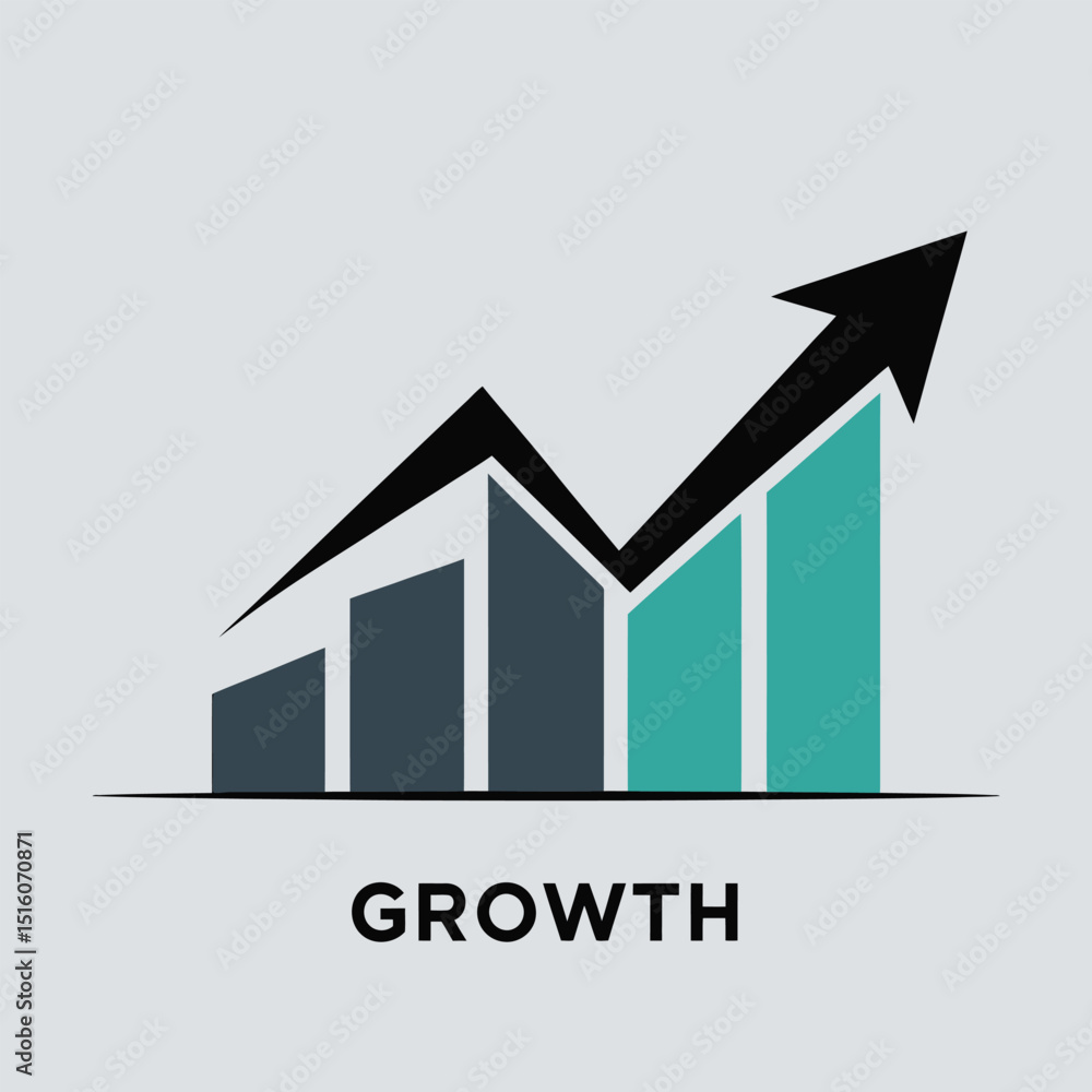 Poster a graphic representing business growth and positive trend with increasing bar chart and upward arrow