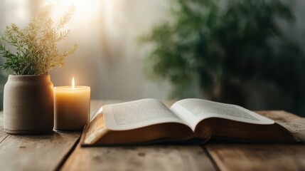 An open book rests on a rustic table next to a lit candle and a greenery arrangement, portraying tranquility, knowledge, and inner peace in a cozy, inviting atmosphere.