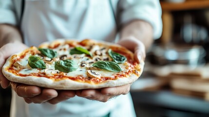 A chef proudly presents a fresh pizza topped with mushrooms and basil, showcasing delicious ingredients on a golden crust, symbolizing the joy of homemade culinary delights.