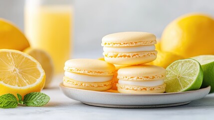 These delightful lemon macarons showcase a vibrant yellow hue, filled with a smooth creamy filling, perfectly embodying the zesty freshness of citrus fruits like lemon and lime.