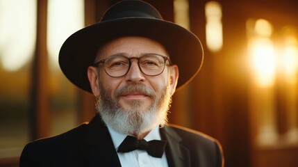 A well-dressed gentleman with glasses smiles gracefully, showcasing a stylish hat and bow tie, perfectly capturing the essence of charm and sophistication in a warm sunset glow.