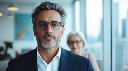 A confident male executive dressed in a suit poses in a sleek office environment, exuding professionalism and leadership against a city backdrop filled with opportunity.