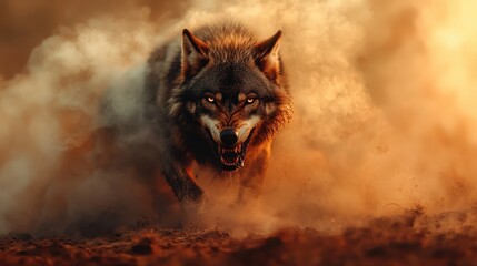 A fierce wolf charges through swirling dust and smoke, its glowing eyes conveying strength and determination, capturing the raw essence of the wild animal kingdom.