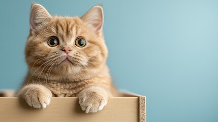 A playful ginger cat with large eyes peeks out from a wooden box, showcasing its curious nature against a soft blue background that enhances its cuteness.