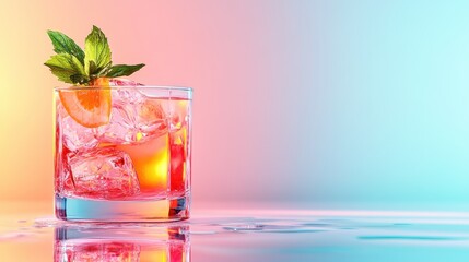 A vibrant cocktail with ice, garnished with mint and fruit, sits against a pastel backdrop, illustrating the refreshing essence of summer in a visually appealing manner.