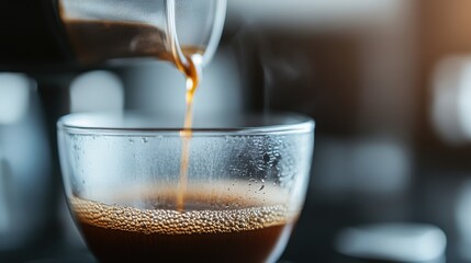 A close-up of steaming coffee being poured into a glass cup, illustrating the warmth and comfort of freshly brewed coffee in a cozy kitchen setting.