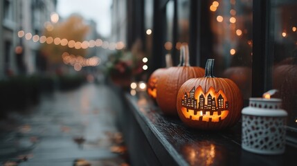 A collection of creatively carved pumpkins illuminates a charming street during Halloween, showcasing festive spirit, creativity, and seasonal celebration.