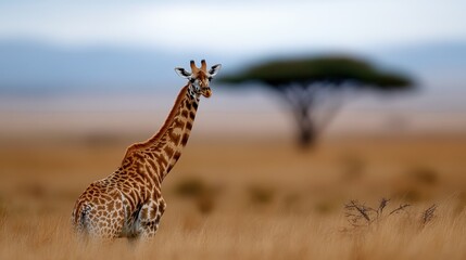 A magnificent giraffe stands regally against a softly blurred backdrop of nature, showcasing its graceful stature and the beauty of wildlife in a natural habitat.