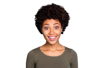 Unbelievable bargains concept. Portrait of positive cheerful impressed afro american girl hear wonderful news look stare wear casual style pullover isolated over blue color background