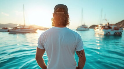 A serene silhouette of a man standing by the ocean, observing the breathtaking sunset, evokes feelings of tranquility, reflection, and the beauty of nature's simplicity.