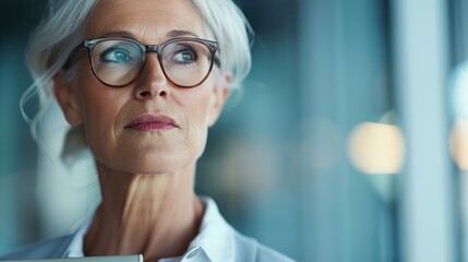 An elegant elderly woman with stylish glasses and a thoughtful expression, showcasing wisdom and sophistication in a modern environment.