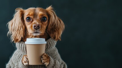 A charming dog wearing a cozy sweater, holding a coffee cup, radiating warmth and adorability, perfect for pet lovers and coffee enthusiasts alike.