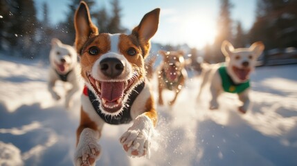 A lively group of dogs joyfully running through a blanket of fresh snow, their expressions filled with happiness, as sunlight glints off the snowflakes swirling around them.