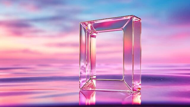 Glass Square Frame at Sunset, Pink and Purple Hues, Serene Reflection
