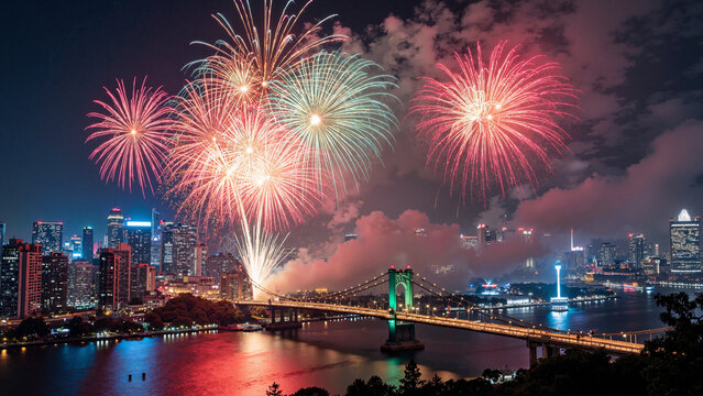 A stunning high-resolution stock photo of vibrant multicolored fireworks illuminating a modern city skyline, ideal for holiday advertising and travel promotions.