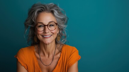 A charming older woman with curly gray hair and glasses radiates warmth and joy, wearing an orange top against a turquoise background, representing wisdom, beauty, and experience.