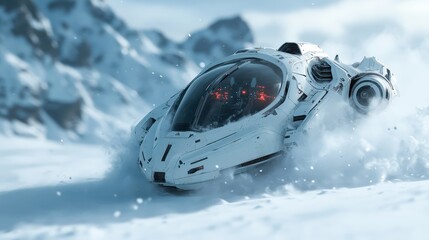 A cutting-edge white spacecraft glides smoothly through a snow-covered landscape, showcasing advanced technology and the thrill of exploration in a stunning and immersive environment.