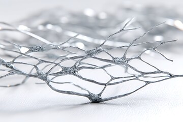 a chaotic lattice of glowing silver threads fraying apart like cosmic fibers, captured in a high-end minimalistic studio layout on a pure
