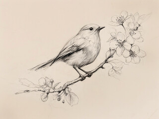 Vintage Robin Bird Print on Flower Branch