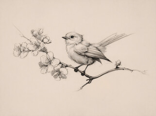 Vintage Bird Print on Flower Branch